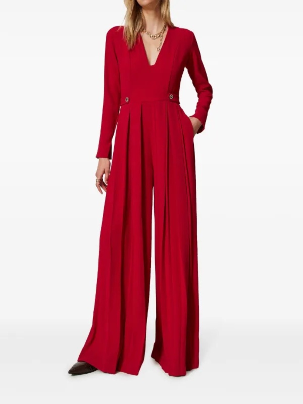 TWINSET Pleated Crepe Jumpsuit Red